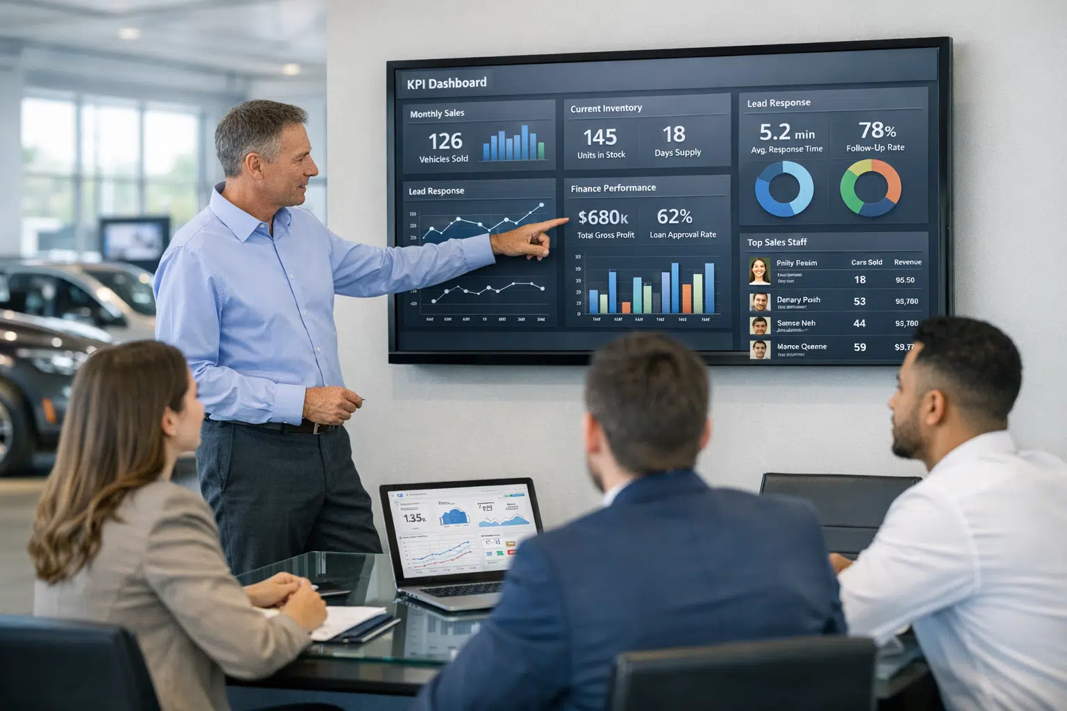 Business KPI dashboard shown on a wall-mounted screen