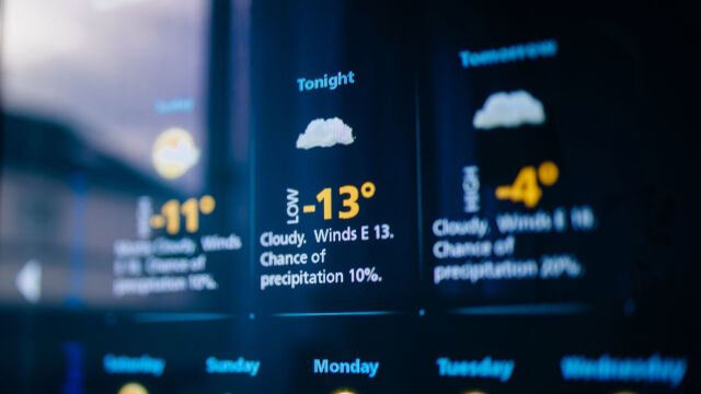 LumoCast screen showing a live weather and time widget