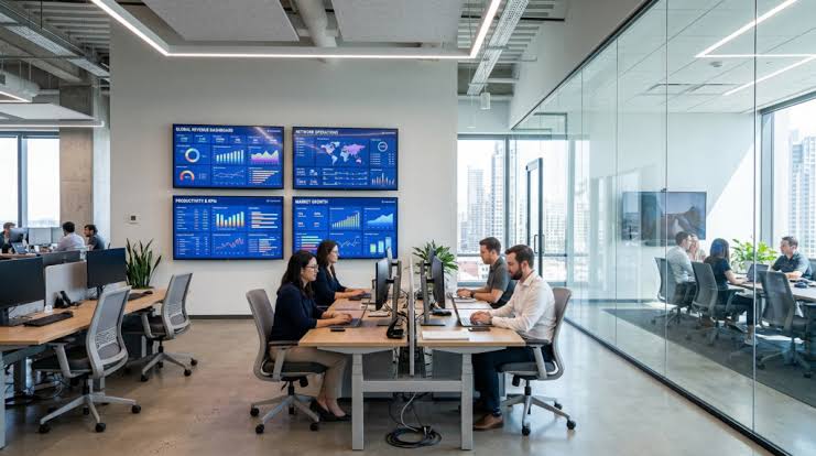 Technology company office lobby branding screen