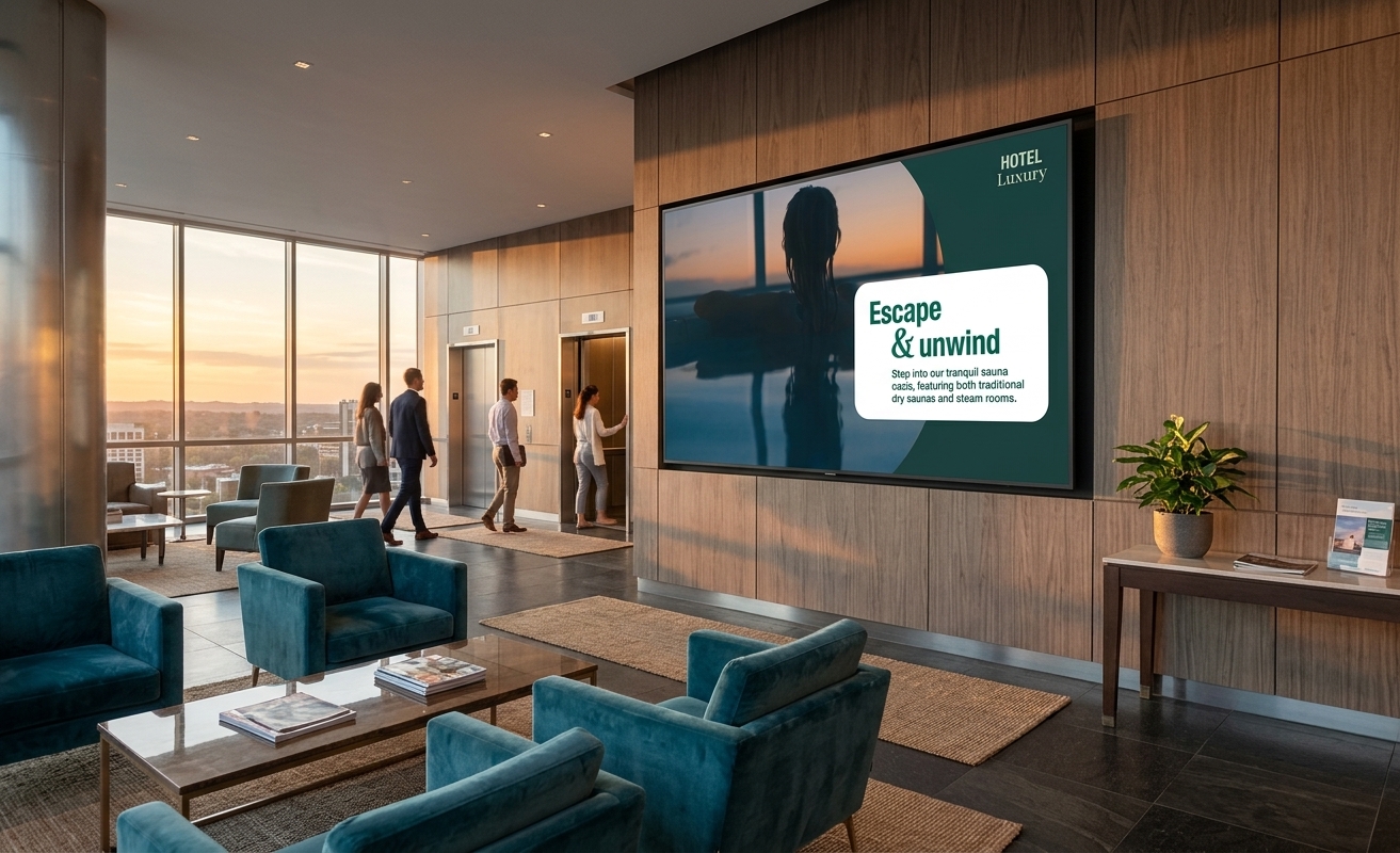 LumoCast digital signage dashboard on a lobby screen